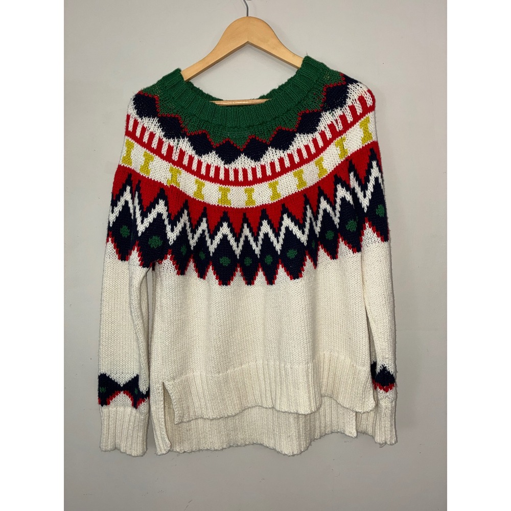 Aerie Fair Isle Sweater Women S Cream Multi Color Knit High Low Oversized Cozy